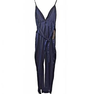 NWT Bebe Satin V-Neck Tie Waist Peacoat JumpSuit Wide Leg Size 12 Med MSRP $169.